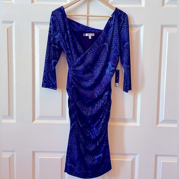 JENNIFER LOPEZ BLUE & BLACK ANIMAL MOSAIC LONG SLEEVE SCRUNCHED DRESS SIZE 6 - Picture 1 of 8
